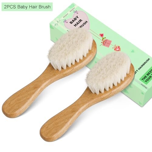 Baby Hair Brush, Wooden Baby Hair Brush for Newborns & Toddlers, Super Soft Goat Bristles Hair Brush, Toddler Hair Brush,Ideal for Cradle Cap (2PCS)