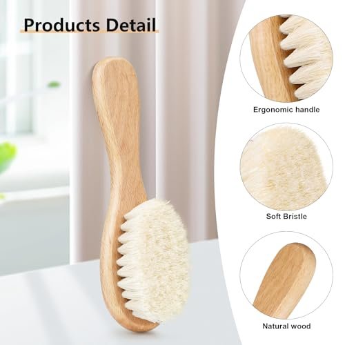 Baby Hair Brush, Wooden Baby Hair Brush for Newborns & Toddlers, Super Soft Goat Bristles Hair Brush, Toddler Hair Brush,Ideal for Cradle Cap (2PCS)