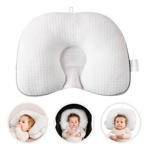 Baby Head Pillow Upgraded Flat Head Pillow, Baby Neck Support for Carseat Soft and Breathable Ergonomic Design, White