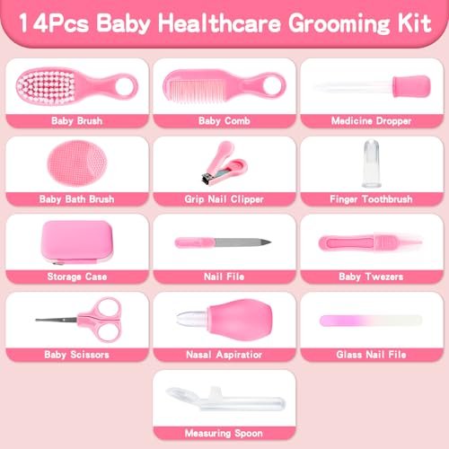 Baby Healthcare and Grooming Kit, 14 in 1 Baby Safety Set Newborn Nursery Health Care Set with Hair Brush Scale Nail Clippers for Baby Girls Boys (14 Kits Pink)