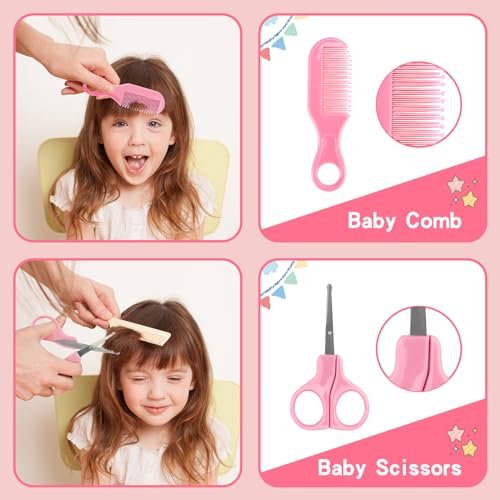 Baby Healthcare and Grooming Kit, 14 in 1 Baby Safety Set Newborn Nursery Health Care Set with Hair Brush Scale Nail Clippers for Baby Girls Boys (14 Kits Pink)