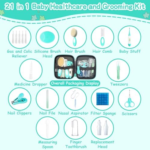Baby Healthcare and Grooming Kit, 21 in 1 Portable Baby Essentials Kit with Gas Relief Hair Brush Comb Nasal Aspirator for Newborn Boys Girls (21 Kits-Green)