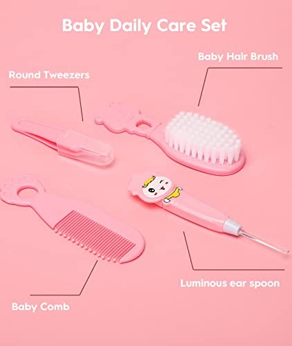 Baby Healthcare and Grooming Kit, Safety Newborn Nursery Baby Care Kit, with Hair Brush Comb, Nail Clipper, Thermometer, Pacifier Clip, Baby Registry Search, Newborn Essentials Girls Boys (Pink)