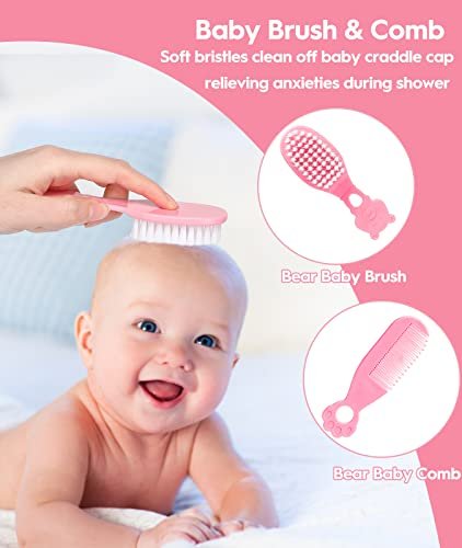 Baby Healthcare and Grooming Kit, Safety Newborn Nursery Baby Care Kit, with Hair Brush Comb, Nail Clipper, Thermometer, Pacifier Clip, Baby Registry Search, Newborn Essentials Girls Boys (Pink)
