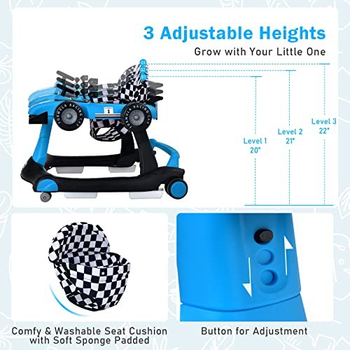 BABY JOY 4-in-1 Baby Walker, Foldable Activity Walker with Adjustable Height & Speed, Music, Lights, Anti-Rollover, Toddler Push Walker, Baby Walker with Wheels for Boys Girls 6-18 Months (Blue)