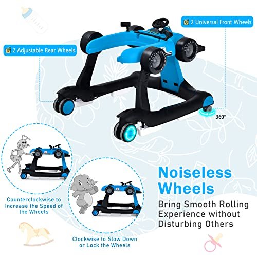BABY JOY 4-in-1 Baby Walker, Foldable Activity Walker with Adjustable Height & Speed, Music, Lights, Anti-Rollover, Toddler Push Walker, Baby Walker with Wheels for Boys Girls 6-18 Months (Blue)
