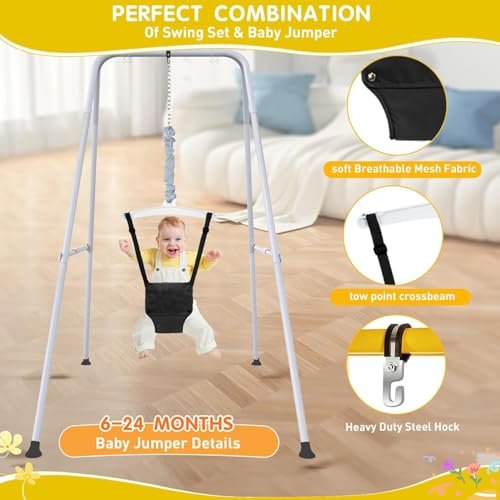 Baby Jumper with Stand, Toddler Swing Set forIndoor/Outdoor Play, Jumper for Baby 6-24 Months,Baby Jumpers and Bouncers with Adjustable Chain,Easy to Assemble & Store (Black)