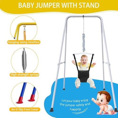 Baby Jumper with Stand, Toddler Swing Set forIndoor/Outdoor Play, Jumper for Baby 6-24 Months,Baby Jumpers and Bouncers with Adjustable Chain,Easy to Assemble & Store (Black)