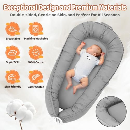 Baby Lounger - Baby Lounger for Newborn, 0-24 Months Baby Nest Breathable & Soft Portable Infant Lounger, Co Sleeper for Baby in Bed Floor Seat, Baby Essentials Gifts for Home and Travel- Light Grey