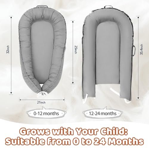 Baby Lounger - Baby Lounger for Newborn, 0-24 Months Baby Nest Breathable & Soft Portable Infant Lounger, Co Sleeper for Baby in Bed Floor Seat, Baby Essentials Gifts for Home and Travel- Light Grey
