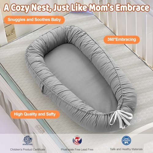 Baby Lounger - Baby Lounger for Newborn, 0-24 Months Baby Nest Breathable & Soft Portable Infant Lounger, Co Sleeper for Baby in Bed Floor Seat, Baby Essentials Gifts for Home and Travel- Light Grey