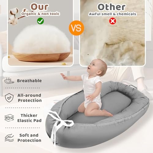 Baby Lounger - Baby Lounger for Newborn, 0-24 Months Baby Nest Breathable & Soft Portable Infant Lounger, Co Sleeper for Baby in Bed Floor Seat, Baby Essentials Gifts for Home and Travel- Light Grey