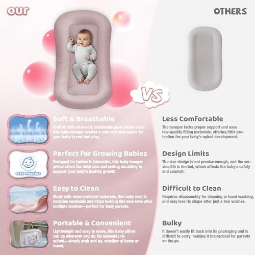 Baby Lounger - Baby Lounger Pillow for Newborn, 0-24 Months, Infant Lounger for Home and Travel, Soft Cotton, Co Sleeping Baby Nest, Newborn Babies Essentials Gifts, Pink (Lounger Cover Included)