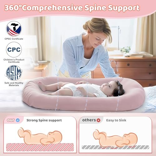 Baby Lounger - Baby Lounger Pillow for Newborn, 0-24 Months, Infant Lounger for Home and Travel, Soft Cotton, Co Sleeping Baby Nest, Newborn Babies Essentials Gifts, Pink (Lounger Cover Included)