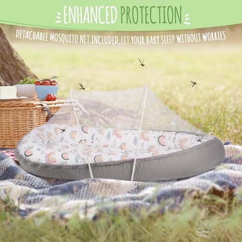 Baby Lounger for Newborn, Detachable Mosquito - Newborn Lounger Cover for 0-24 Months, Breathable & Portable Infant Lounger - Soft Baby Floor Seat Cover for Travel, Newborn Essentials - Grey