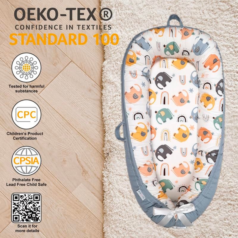 Baby Lounger Large Size, Cotton Breathable Baby Lounger Pillow Cover Waterproof, Infant Lounger for Travel, Grey Protable Cosleeper, Ultra Newborn Gifts