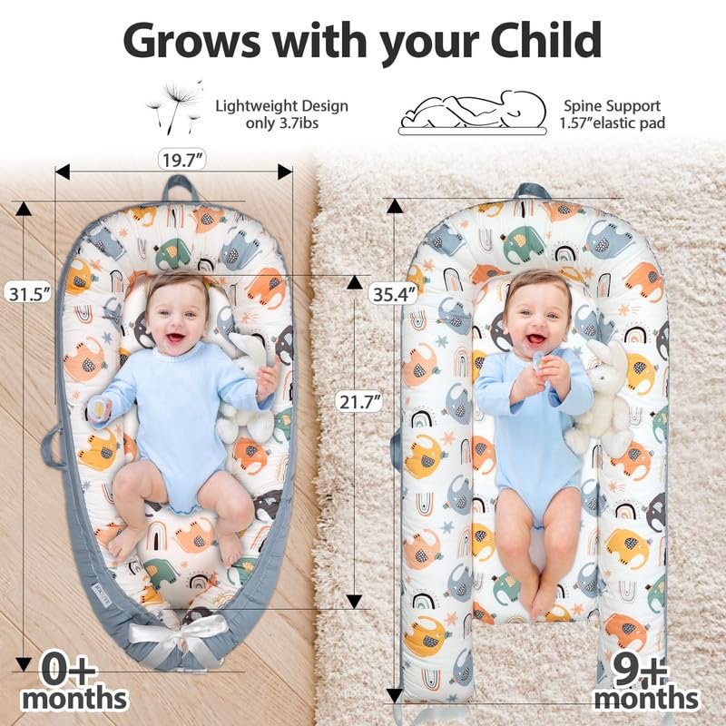 Baby Lounger Large Size, Cotton Breathable Baby Lounger Pillow Cover Waterproof, Infant Lounger for Travel, Grey Protable Cosleeper, Ultra Newborn Gifts
