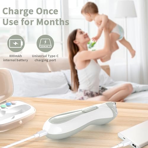 Baby Nail File Electric Baby Nail Care Set with LED Light, Baby Nail Clipper Electric for Newborn/Infants/Adults Toenails and Fingernails, 7 Grinding Head Replacement Pads, Grey