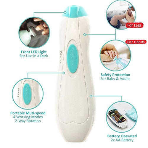 Baby Nail File Electric Nail Trimmer - Jaybva Safe Baby Nail Clippers Cutter for Newborn Children Toddlers Kids with LED Light Blue and Green