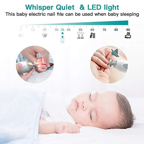 Baby Nail Trimmer Electric Baby Nail File with LED Light 10 Grinding Heads Baby Nail Clippers Safe Quiet Nail Care Kit for Newborn Toddler Kids Toes Fingernails Battery Operated (Not Included) - Grey
