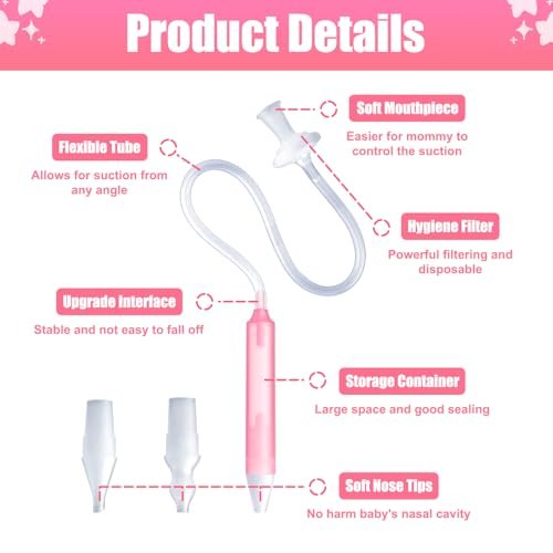 Baby Nasal Aspirator Nasal Congestion Relief with 25 Hygiene Filters 2 Silicone Tips with Nose Cleaning Tweezer, Pink