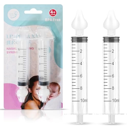Baby Nasal Syringe (2-Pack) - Safe Silicone Nasal Aspirator for Newborn - Infant Mucus Removal - 10ml Nose Cleaner Syringe for Baby - Toddler Congestion Relief - Reusable Tips - White