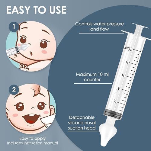 Baby Nasal Syringe (2-Pack) - Safe Silicone Nasal Aspirator for Newborn - Infant Mucus Removal - 10ml Nose Cleaner Syringe for Baby - Toddler Congestion Relief - Reusable Tips - White