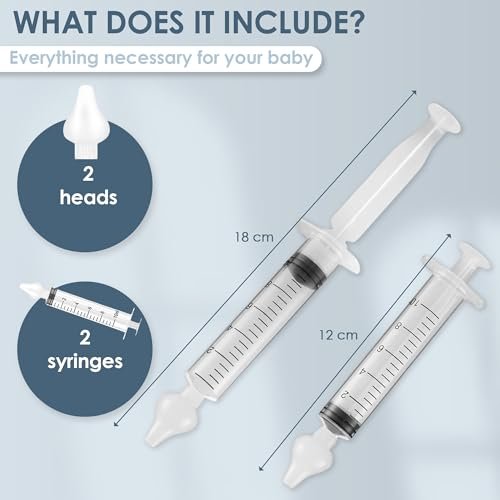 Baby Nasal Syringe (2-Pack) - Safe Silicone Nasal Aspirator for Newborn - Infant Mucus Removal - 10ml Nose Cleaner Syringe for Baby - Toddler Congestion Relief - Reusable Tips - White