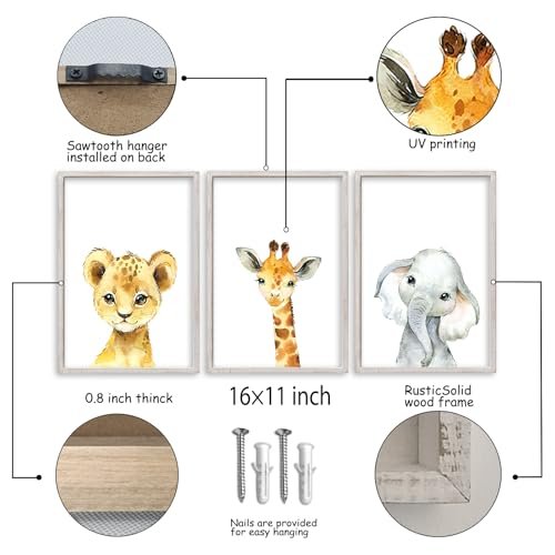 Baby Safari Nursery Wall Art Decor 11x16 Inch Set of 3 Wood Framed Cute Animal Giraffe Elephant Lion Prints Sign Kids Boys Girls Room Bedroom Jungle Animal Pictures Wall Hanging (White)