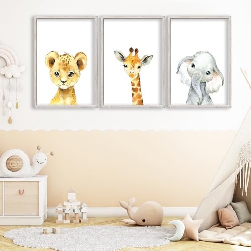 Baby Safari Nursery Wall Art Decor 11x16 Inch Set of 3 Wood Framed Cute Animal Giraffe Elephant Lion Prints Sign Kids Boys Girls Room Bedroom Jungle Animal Pictures Wall Hanging (White)