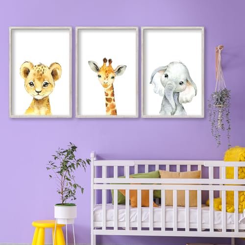 Baby Safari Nursery Wall Art Decor 11x16 Inch Set of 3 Wood Framed Cute Animal Giraffe Elephant Lion Prints Sign Kids Boys Girls Room Bedroom Jungle Animal Pictures Wall Hanging (White)