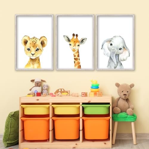 Baby Safari Nursery Wall Art Decor 11x16 Inch Set of 3 Wood Framed Cute Animal Giraffe Elephant Lion Prints Sign Kids Boys Girls Room Bedroom Jungle Animal Pictures Wall Hanging (White)