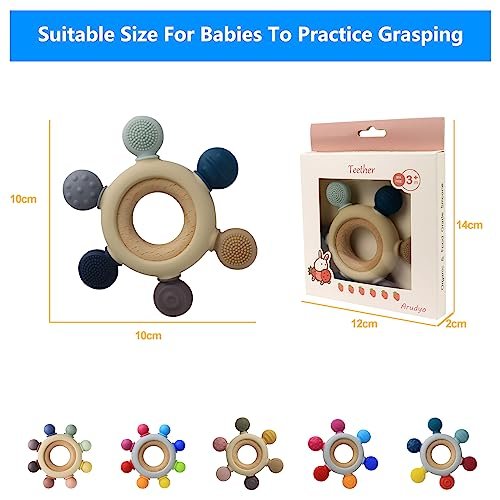 Baby Teething Toys Silicone Teethers BPA Free Silicone Rudder with Wooden Ring Soothe Babies Gums (Gray)