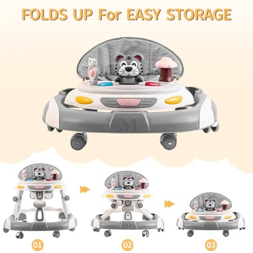 Baby Walker, 4-in-1 Foldable Baby Walkers and Baby Activity Center with Toys Tray,3-Gear Height Adjustable Infant Toddler Baby Walker with Wheels for Baby Boys and Girls 6-24 Months(Grey)