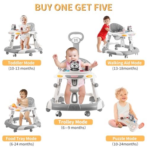 Baby Walker, 4-in-1 Foldable Baby Walkers and Baby Activity Center with Toys Tray,3-Gear Height Adjustable Infant Toddler Baby Walker with Wheels for Baby Boys and Girls 6-24 Months(Grey)