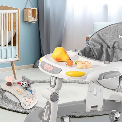 Baby Walker, 4-in-1 Foldable Baby Walkers and Baby Activity Center with Toys Tray,3-Gear Height Adjustable Infant Toddler Baby Walker with Wheels for Baby Boys and Girls 6-24 Months(Grey)