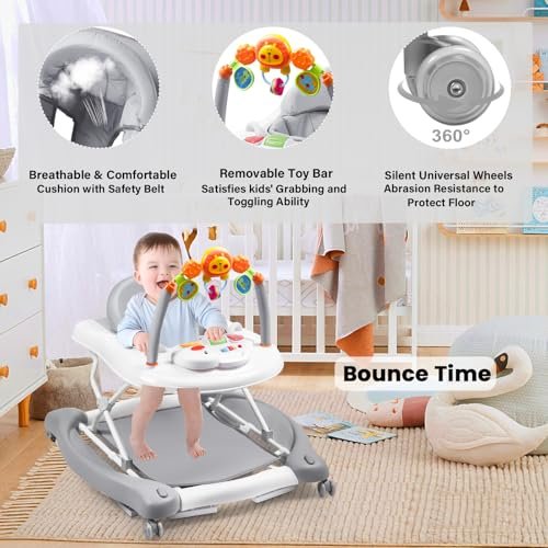 Baby Walker, 5-in-1 Baby Walkers for Boys and Girls 6-12 Months with Bouncer, Removable Footrest, Feeding Tray & Music, Foldable & Adjustable Activity Walker for 6-18 Months Toddler Infant