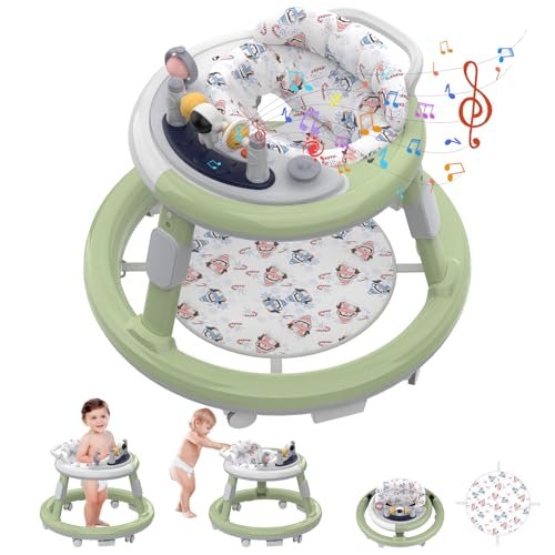 Baby Walker, Baby Walker with Wheels, Infant Toddler Walker with Foot Pads, Anti-Fall Baby Walkers and Activity Center for Boys Girls Babies 6-24 Months with Music Adjustable Heights (Green)