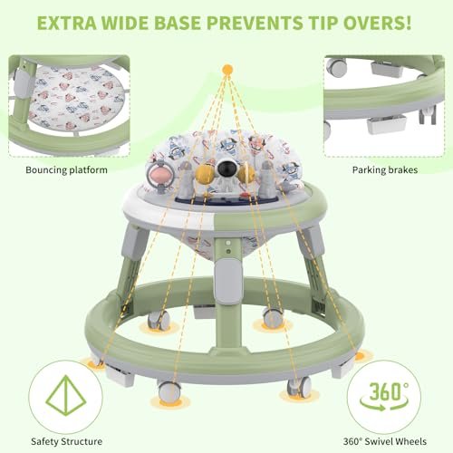 Baby Walker, Baby Walker with Wheels, Infant Toddler Walker with Foot Pads, Anti-Fall Baby Walkers and Activity Center for Boys Girls Babies 6-24 Months with Music Adjustable Heights (Green)