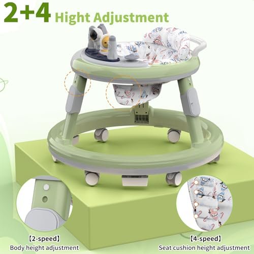 Baby Walker, Baby Walker with Wheels, Infant Toddler Walker with Foot Pads, Anti-Fall Baby Walkers and Activity Center for Boys Girls Babies 6-24 Months with Music Adjustable Heights (Green)
