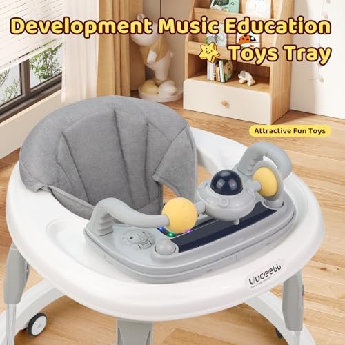 Baby Walker with Wheels,Music and Lights Baby Walker for Boys Girls 6-12 Months,Foldable Baby Walkers and Activity Center,Toddler Infant Walker with 7-Speed Height Adjustment,Detachable Plate,Gray