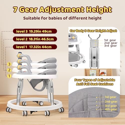Baby Walker with Wheels,Music and Lights Baby Walker for Boys Girls 6-12 Months,Foldable Baby Walkers and Activity Center,Toddler Infant Walker with 7-Speed Height Adjustment,Detachable Plate,Gray
