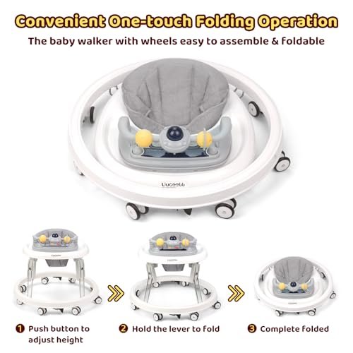 Baby Walker with Wheels,Music and Lights Baby Walker for Boys Girls 6-12 Months,Foldable Baby Walkers and Activity Center,Toddler Infant Walker with 7-Speed Height Adjustment,Detachable Plate,Gray