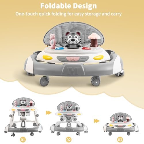 Baby Walkers, 5-in-1 Height Adjustable Baby Walker with Wheels, Foldable Walker for Baby and Baby Activity Center with Music &Toys Tray, Infant Toddler Baby Walker for Boys and Girls 6-24 Months(Grey)