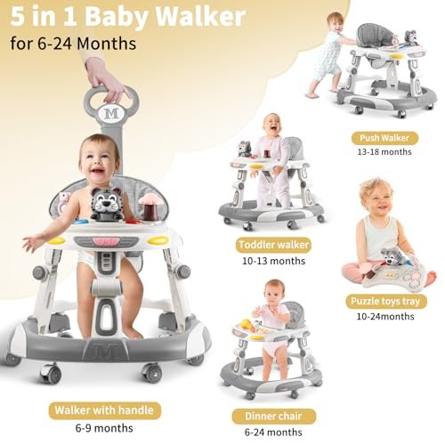 Baby Walkers, 5-in-1 Height Adjustable Baby Walker with Wheels, Foldable Walker for Baby and Baby Activity Center with Music &Toys Tray, Infant Toddler Baby Walker for Boys and Girls 6-24 Months(Grey)