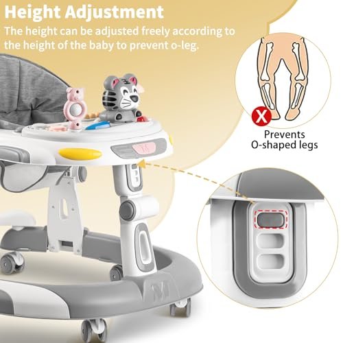 Baby Walkers, 5-in-1 Height Adjustable Baby Walker with Wheels, Foldable Walker for Baby and Baby Activity Center with Music &Toys Tray, Infant Toddler Baby Walker for Boys and Girls 6-24 Months(Grey)