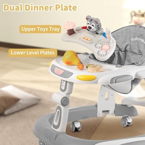 Baby Walkers, 5-in-1 Height Adjustable Baby Walker with Wheels, Foldable Walker for Baby and Baby Activity Center with Music &Toys Tray, Infant Toddler Baby Walker for Boys and Girls 6-24 Months(Grey)