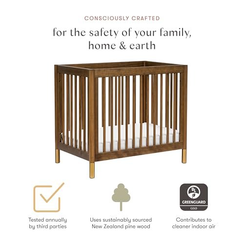 babyletto Gelato 4-in-1 Convertible Baby Crib Natural Walnut Wooden Toddler Bed, Daybed & Twin Bed Conversion - GREENGUARD Gold Certified, Perfect for Small Spaces, 4 Adjustable Heights, Brushed Gold