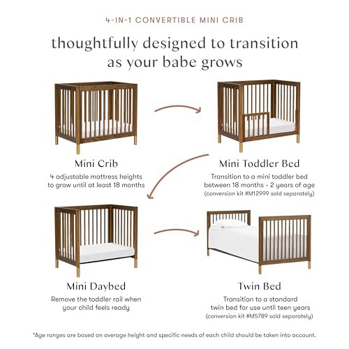 babyletto Gelato 4-in-1 Convertible Baby Crib Natural Walnut Wooden Toddler Bed, Daybed & Twin Bed Conversion - GREENGUARD Gold Certified, Perfect for Small Spaces, 4 Adjustable Heights, Brushed Gold