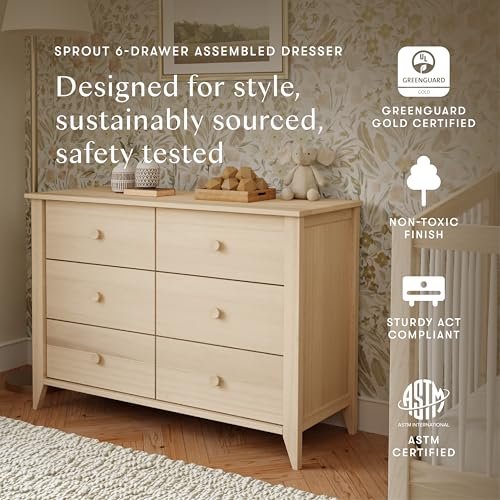 Babyletto Sprout 6-Drawer Dresser for Kids Bedroom - Baby Dresser for Nursery - Double Chest of Drawers for Boys and Girls - GREENGUARD Gold Certified Wood Dresser for Living Room - Washed Natural